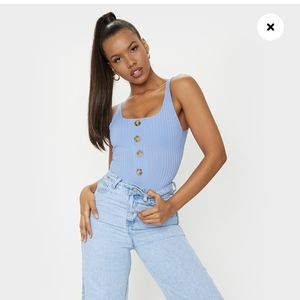 Pretty Little Thing powder blue ribbed bodysuit with tort buttons